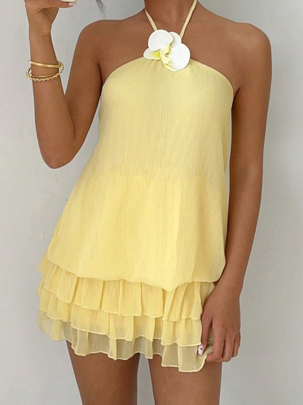 Light Yellow Casual Women's Low Waist Backless Ruffle Hem Mini Dress